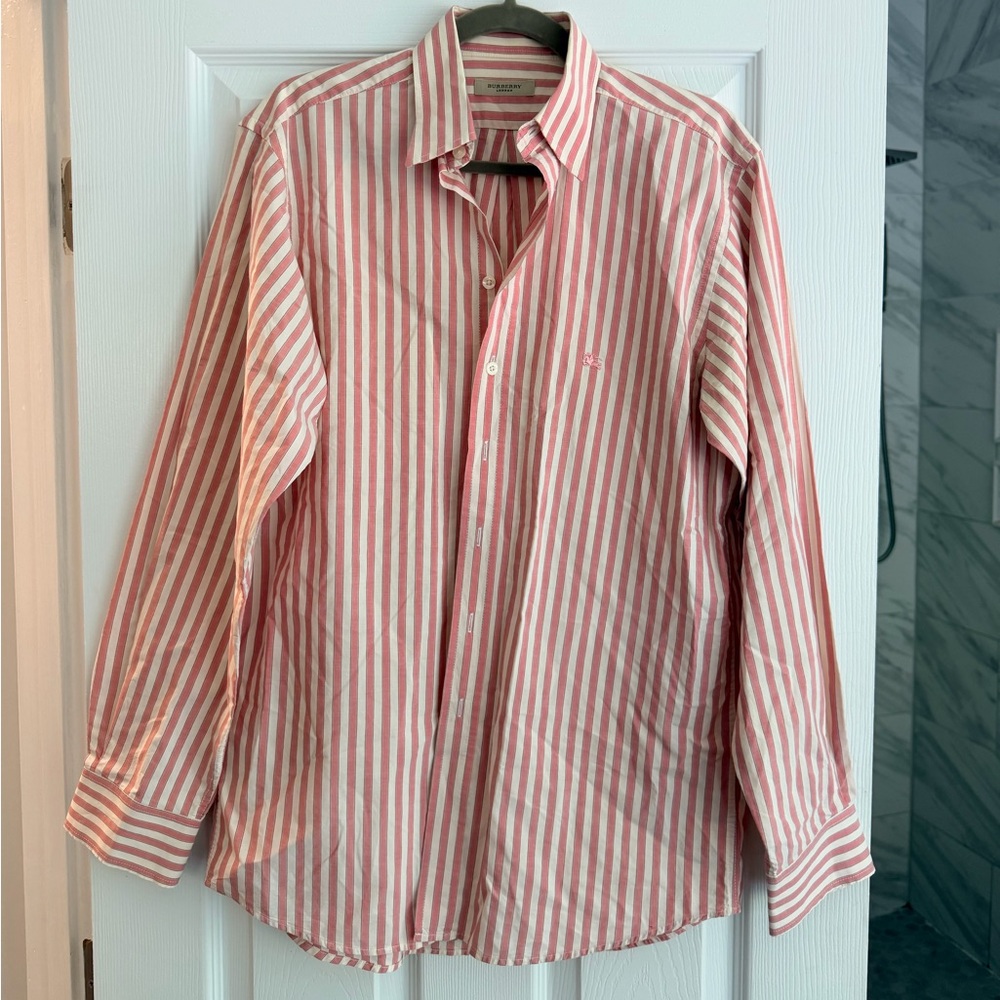 Burberry Pink and White Vertical Stripe Button-Down Shirt